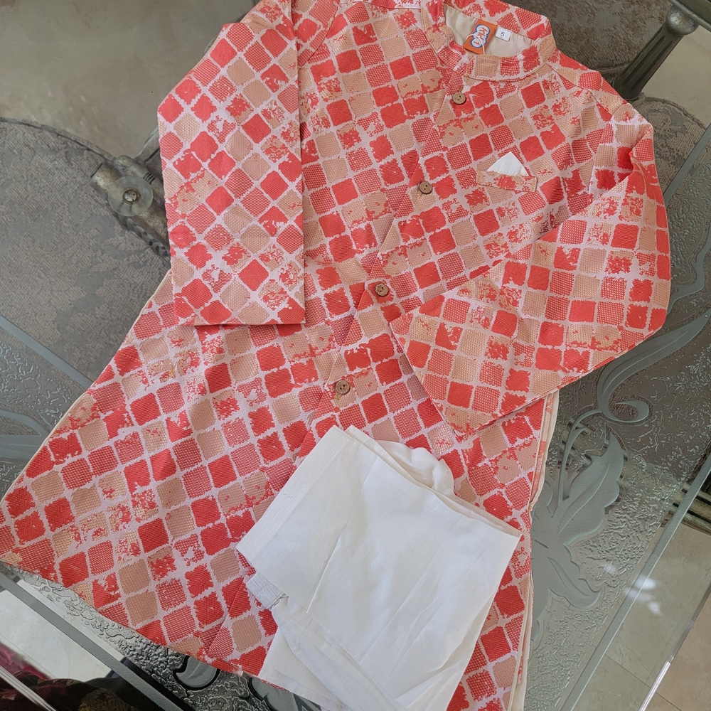 Coral and Cream Geometric Button-Front Tunic